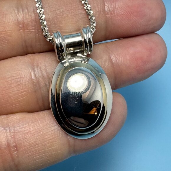 Oval Two Tone Statement Slide Pendant Textured Round Fancy Link Chain 16'' Long - Picture 3 of 10